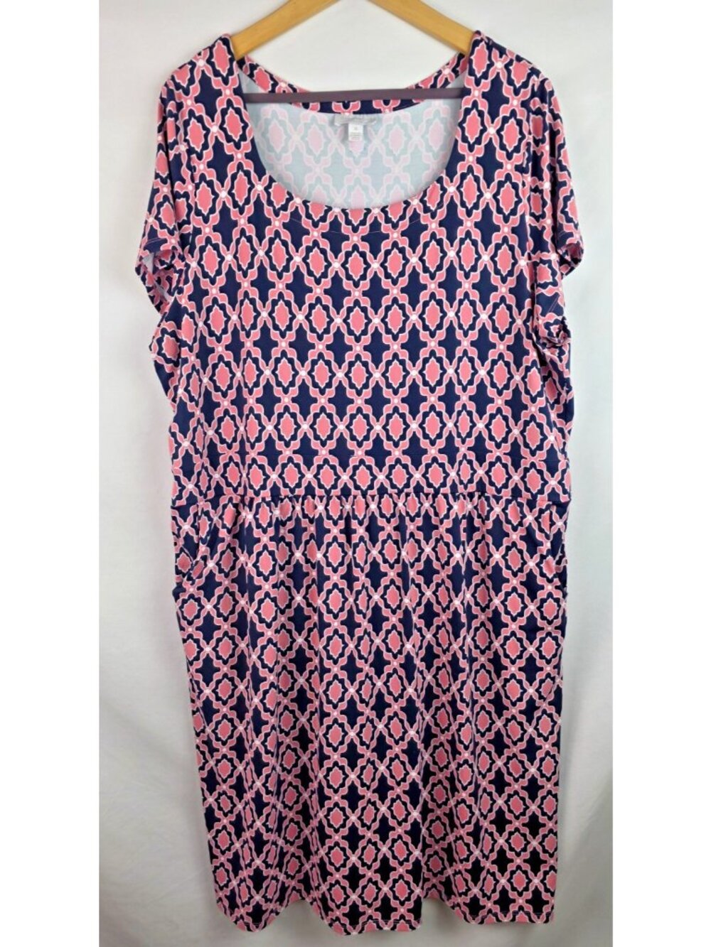 Charter Club Women's Dress Size 3X Pink & Blue Short Sleeve Midi Dress Pullover